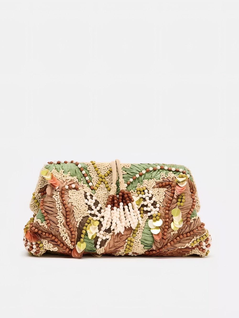 Zara Beaded Floral Clutch in Green, Tan & Pink - Picture 3 of 5